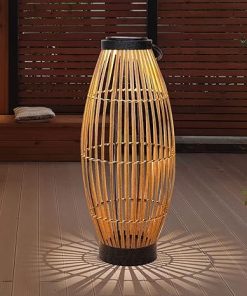 pearlstar Solar Floor Lamp Outdoor Decorations for Patio 24″ Large Natural Wicker Rattan Solar Powered Lantern Outdoor Lighting Waterproof for Garden Yard Lawn Deck Pool Porch Driveway Pathway