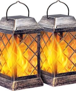 Metal Solar Lanterns with Flickering Flame for Outdoor Decor 2 Pack