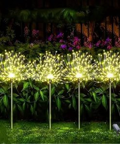Solar Outdoor Restored Patio 300LED Solar Fireworks Lights Pathway Outdoor Waterproof 8 Modes Patio Yard Decorative 4Packs(Warm White,300LED) 2