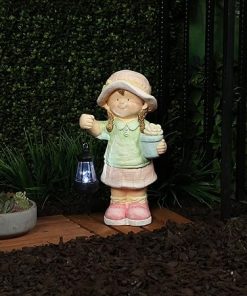 Alpine Corporation Young Girl Lantern Statue with Solar LED Lights 17″ 2
