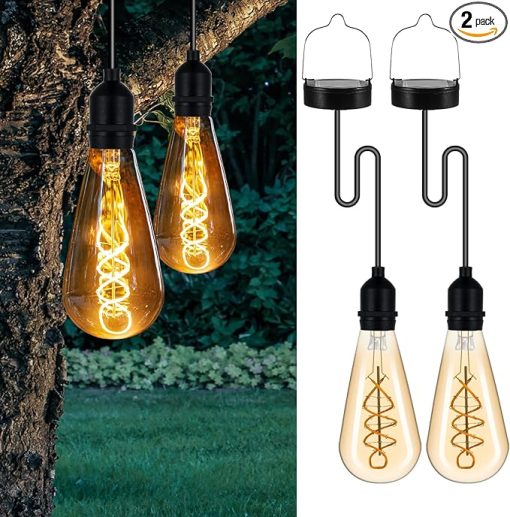 Solar Powered Edison Bulbs Hanging Lights for Outdoor Garden 2 Pack