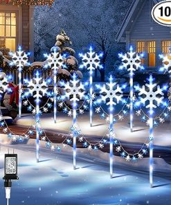 Snowflake Christmas Pathway Lights 10 Pack Waterproof Timer Blue White