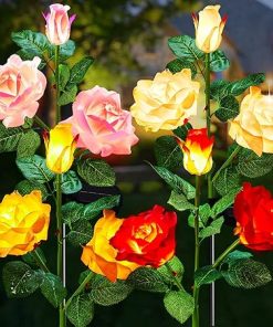 4 Pack LED Solar Flower Lights with Realistic Roses for Outdoors