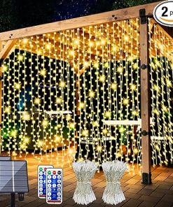 2 Pack Remote Control Solar Curtain Lights 300 LED Outdoor Decor